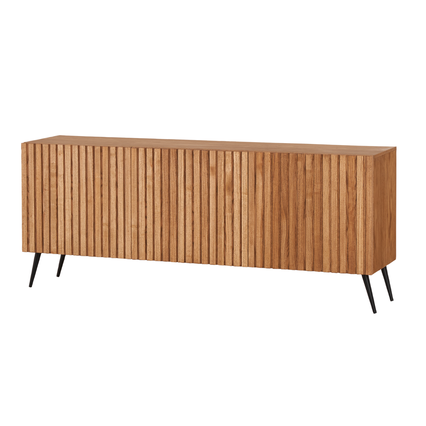 Modern wooden plasma stand with tapered legs and slatted wood panels on a white background, reflecting a contemporary and minimalist interiors. (front view)